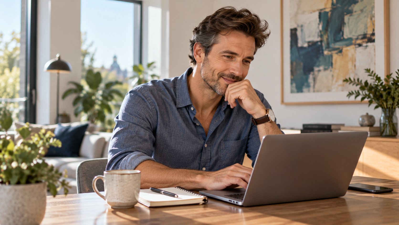 Symbolfoto (KI-generiert): Ein Mann um die 40 sitzt zu Hause am Laptop und nimmt sich Zeit für sein Profil bei der Online-Partnersuche. Im Hintergrund hängt ein abstraktes Gemälde.