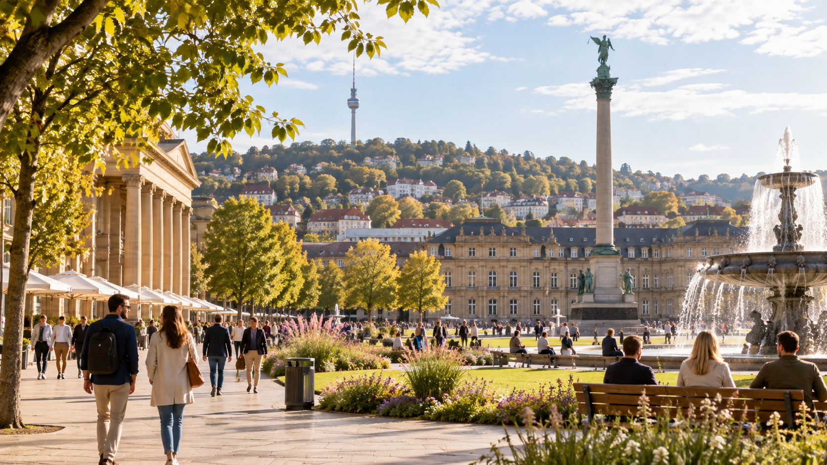 Symbolfoto (KI-generiert): Menschen gehen über einen sonnigen, begrünten Stadtplatz nach Stuttgarter Vorbild, vorbei an einem Brunnen und historischen Gebäuden.