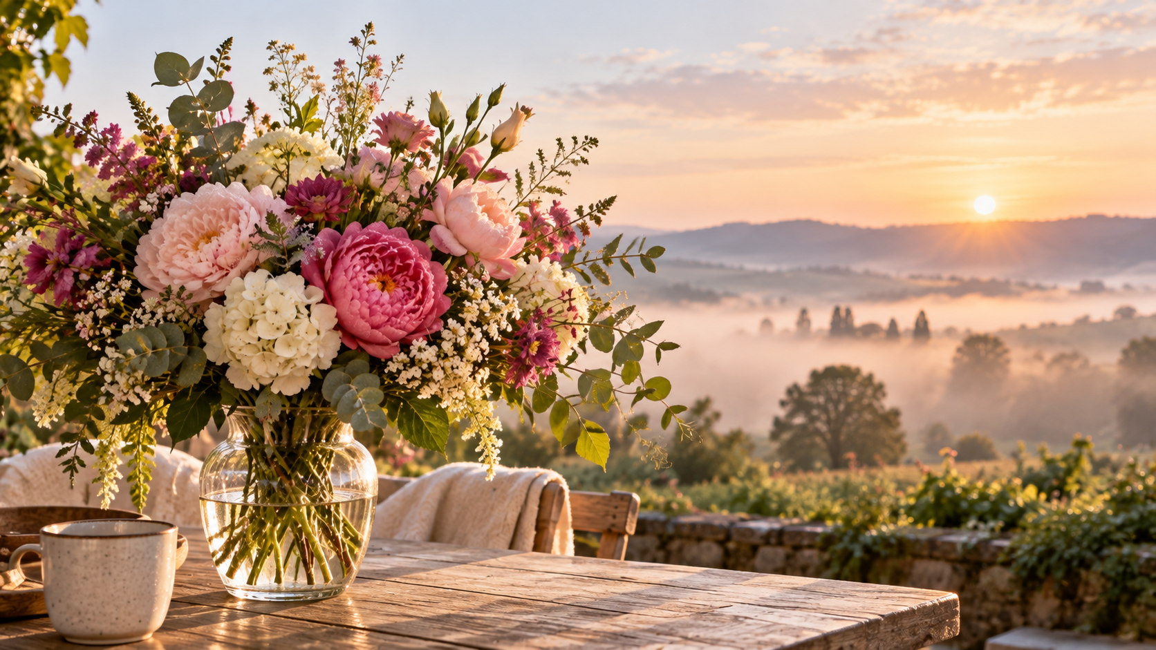 Symbolfoto (KI-generiert): Ein üppiger Blumenstrauß mit rosa Pfingstrosen, weißen Hortensien und frischem Grün steht in einer Glasvase auf einem Holztisch. Im Hintergrund liegt eine sanfte Hügellandschaft im Morgennebel.