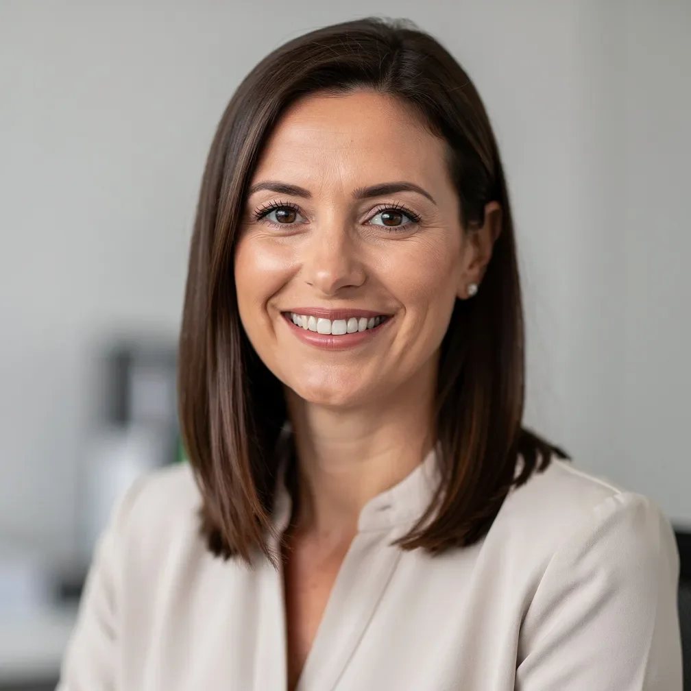 Porträt einer freundlich lächelnden, brünetten Frau in Businessbluse, die direkt in die Kamera blickt.