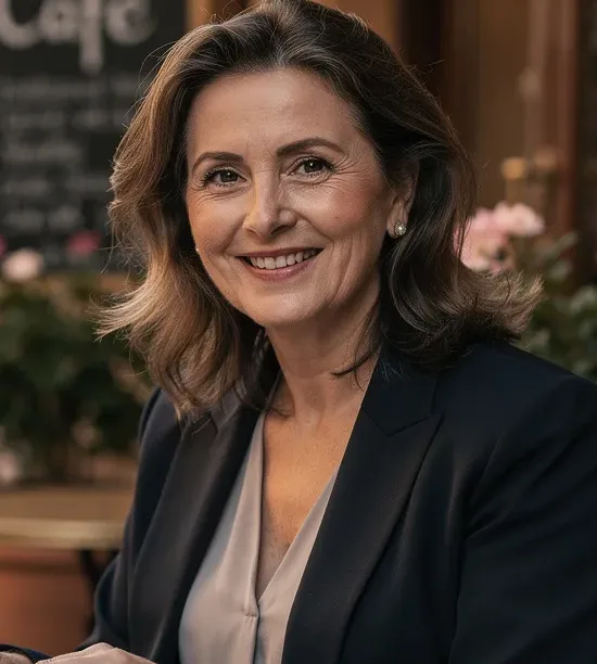 50-jährige Frau mit professionellem Auftreten, die auf einer Caféterrasse an ihrem Laptop arbeitet.