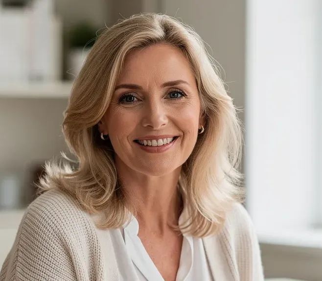 Porträt einer lächelnden blonden Frau um die 50 in weißer Bluse und weicher Strickjacke in einem Büro.